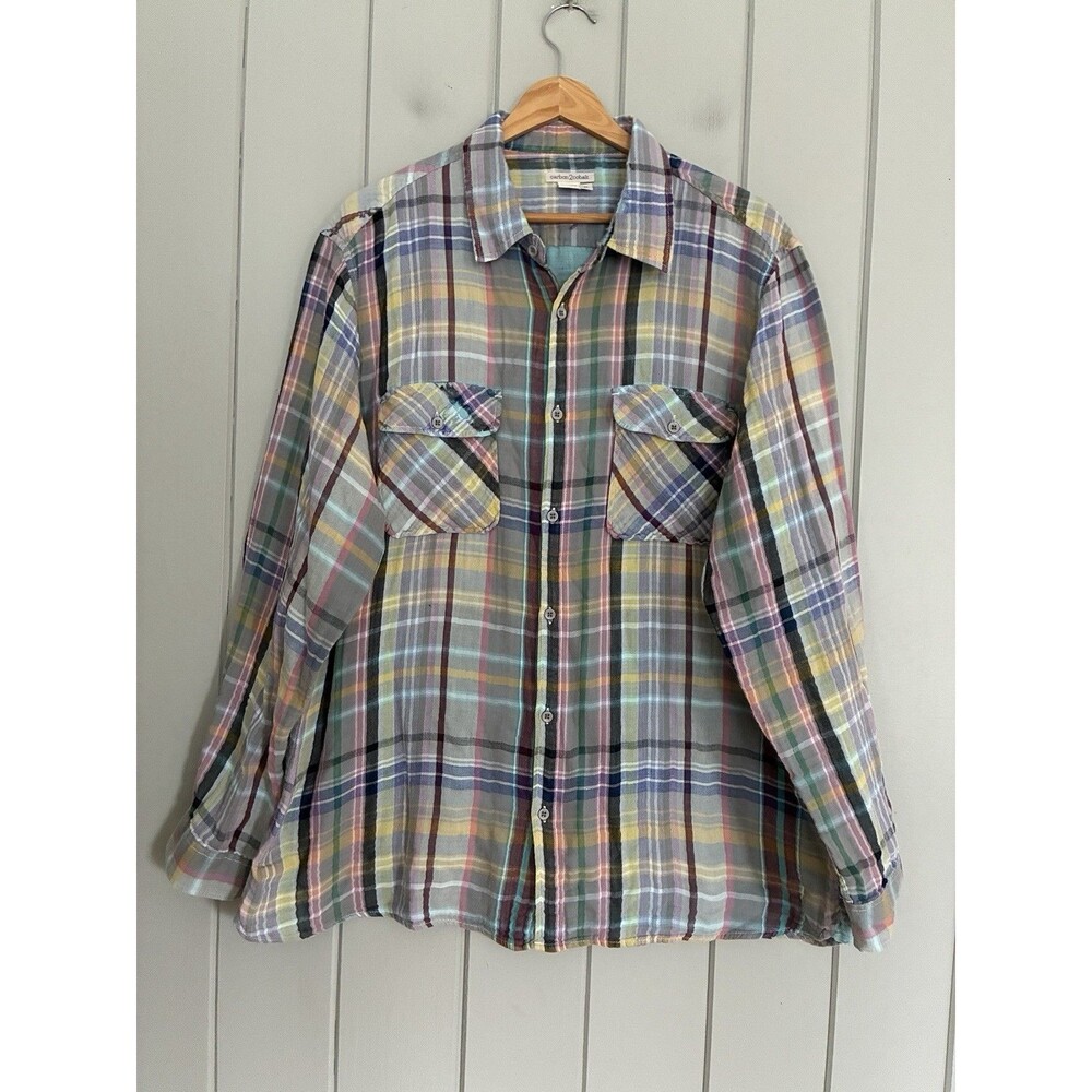 Carbon 2 Cobalt Mens Gauze Button Up Shirt XL Plaid Pastel Pink Blue Collar